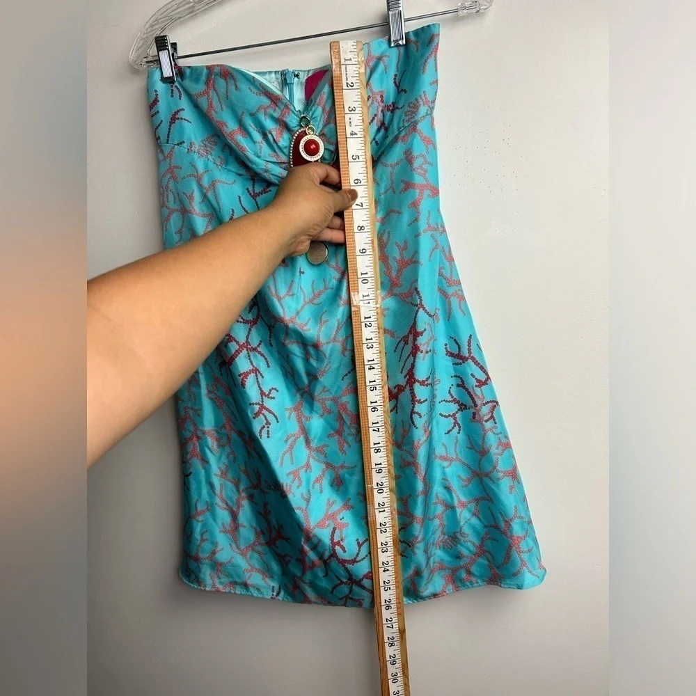 Lilly Pulitzer Turquoise Coral Print Strapless Dress with Red Accent - Picture 12 of 13